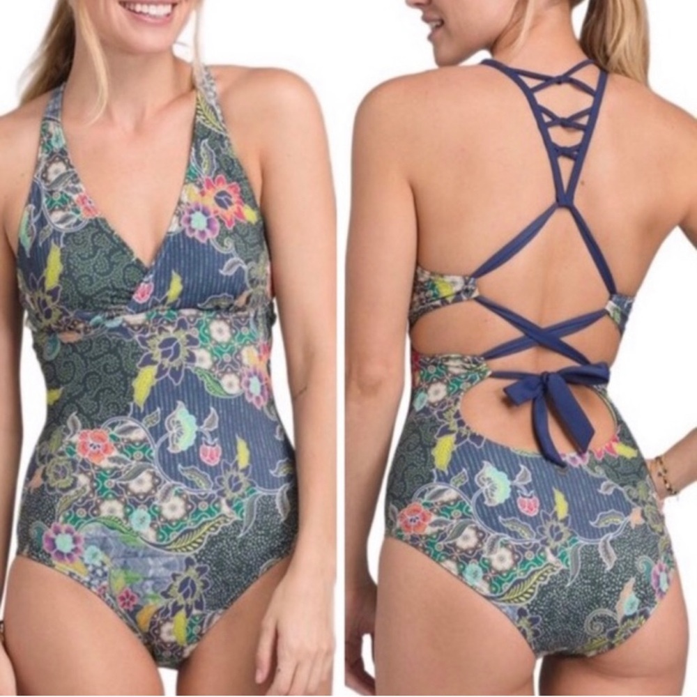 S PRANA | Atalia Anchor Kona Blue Floral Strappy Open Back One Piece Swimsuit